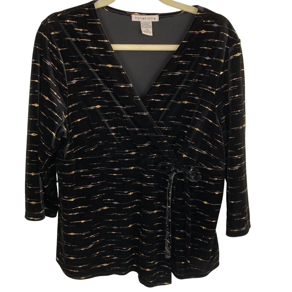 Vintage Womens L Black Velvet Metallic Wrap Asymmetric Top Holiday Glam Witchy